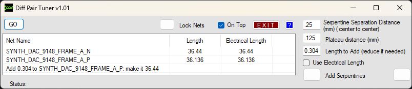 The Diff Pair Tuner window, showing each net's length and electrical length alongside the serpentine settings