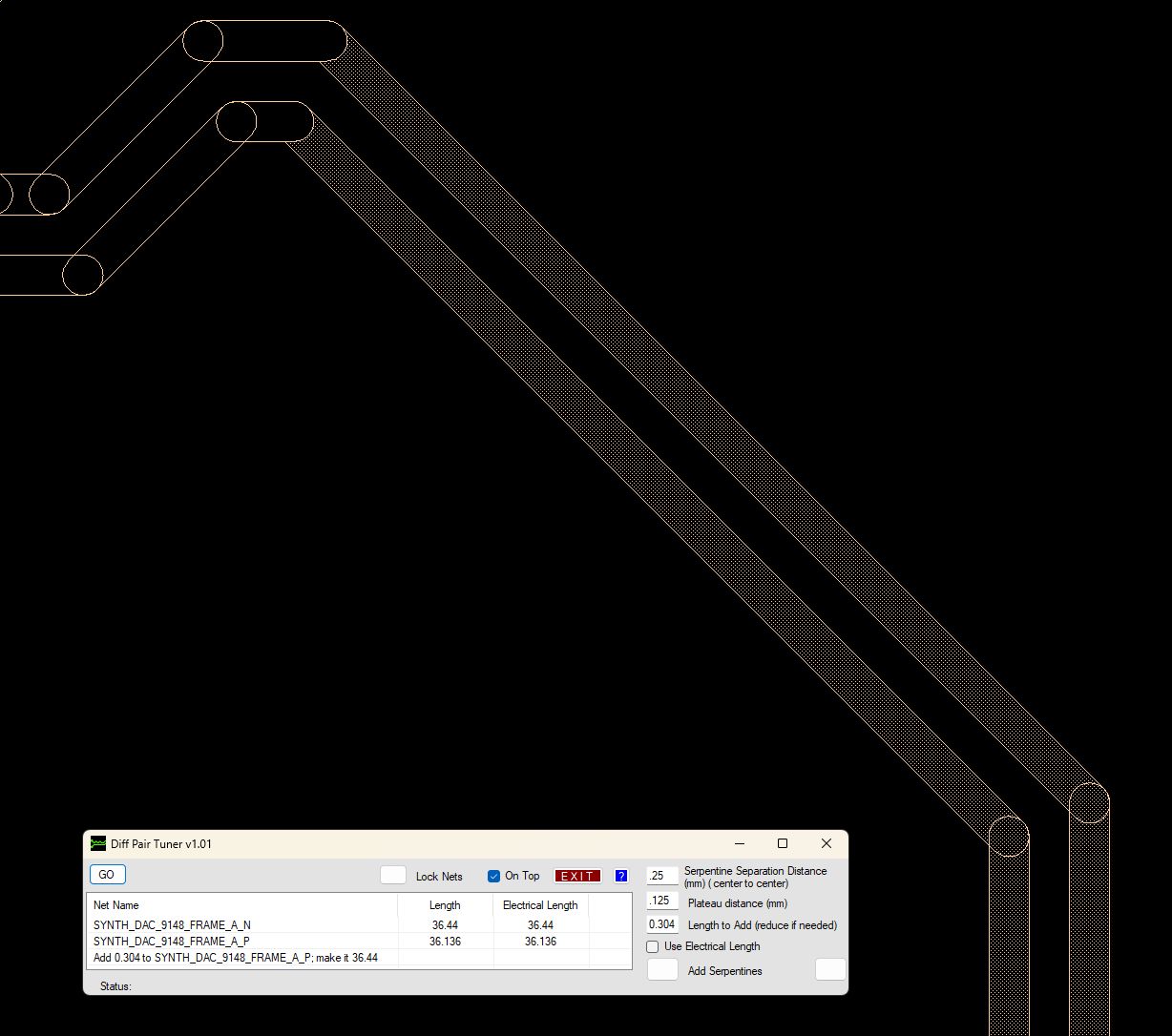 A differential pair in the layout before tuning — one trace is shorter and needs length added