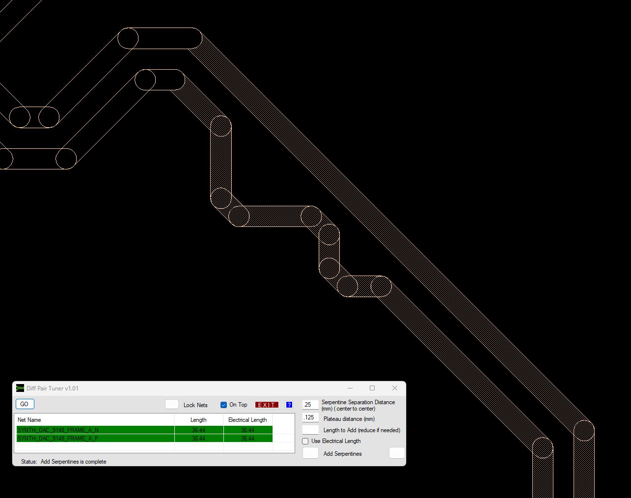 The same differential pair after the tool adds serpentines, bringing both nets to equal length