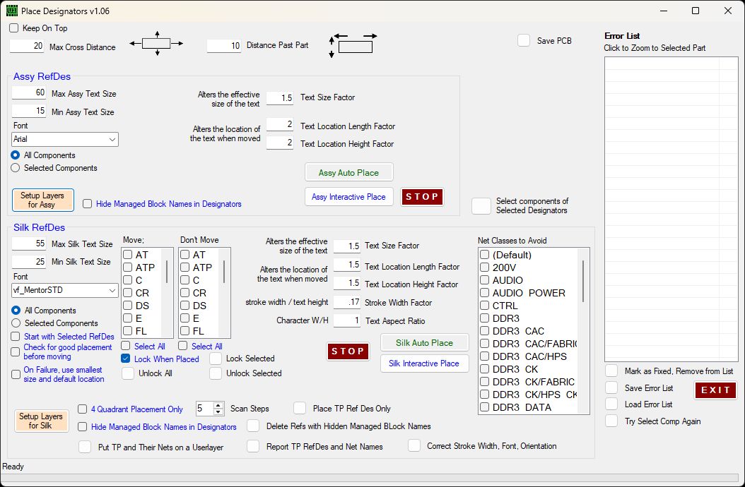 The Place Designators window, with settings for assembly and silkscreen reference-designator placement